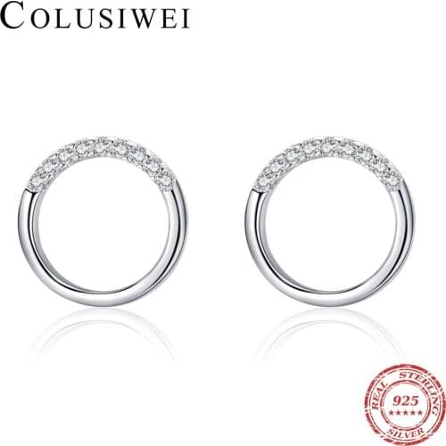 Colusiwei Authentic 925 Sterling Silver Clear CZ Minimalist Hollow Round Circle Stud Earrings for Women Party Jewelry Girl Gift