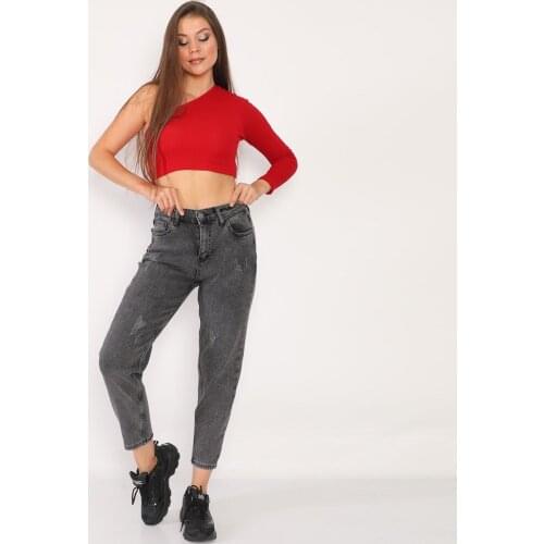 Women, Mom Jeans, High Waist, Regular Cut, Flexible, Full Lycra, Light Grey, Solid Color, Full Length, Cotton Denim Trousers
