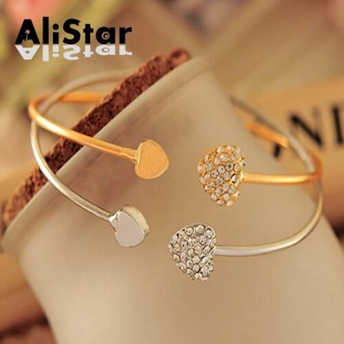 Elegant Gold silver Plated Bracelets For Women Rhinestone Decoration Love Heart Style Bangles Fashion Jewelry #BR022