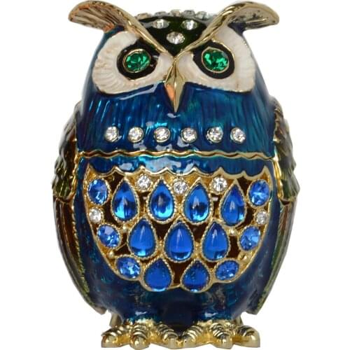 Hand Painted Owl Trinket Box Enameled and Sparkling Rhinestones Jewelry Container