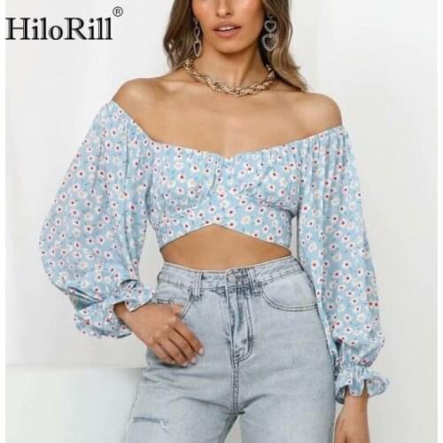 HiloRill Chic Floral Print Cropped Blouse Women Ruffles Long Sleeve Back Bow Tie Shirt Ladies Sexy Off Shoulder Crop Tops Blusas