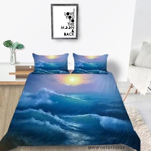 Blue Sea Printing Bedding Set Queen Size Fresh Simple Duvet Cover King Single Twin Full Double Waves Bed Set Comfortable