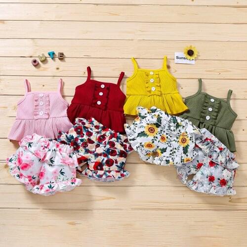 2 Pieces Kids Suit Set, Solid Color Sleeveless Spaghetti Strap Tops+ Floral Print Shorts for Summer, 0-3 Years