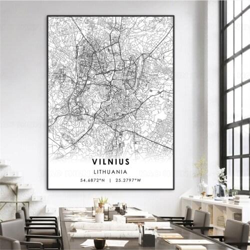 Lithuania Vilnius Black and White World City Map Print Nordic Posters Wall Art Canvas Painting Wall Pictures Living Room Decor