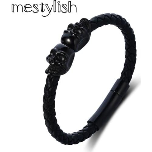Mestylish Black Genuine Nappa Leather Stainless Steel Black /Gold/Sliver Twin Skull Bracelet Bangles for Man Women Jewelry Gift