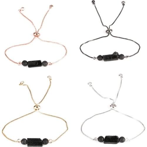 Natural Rough Tourmaline Mineral Precious Stone & Onyx Bead Stone Copper Link Adjustable Charm Unique Bracelets for Women