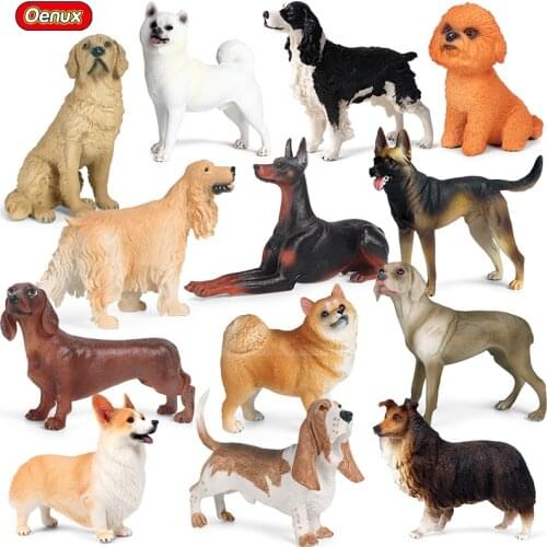 Oenux New Dog Animal Action Figure Corgi Poodle Golden Retriever Sausagedog Samoyed Model Figurines PVC Collection Toy For Kids