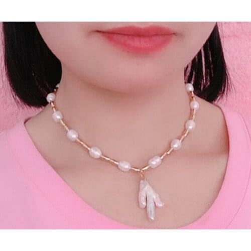 KBJW Original Choker Necklace Genuine Pearl Baroque Type Handmade Weave Necklace Adjustable Size Beige Cord Neckalce for Women