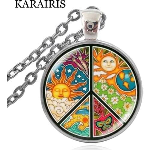 KARAIRIS Love and peace Symbol Colorful Round Pendant Necklace 25mm Glass Cabochon Jewelry Boy Girl Women Party Birthday Gift