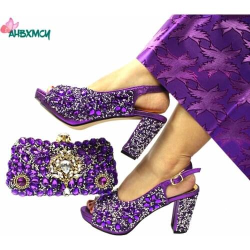 Popular Decorate with Rhinestone Italian Design Italian Women Shoes Matching Bag in Purplel Color for Garden Party