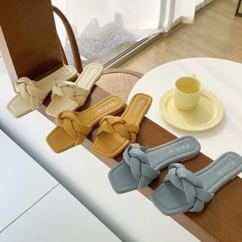 New Fashion Weave Slippers Women Square Toe Flat Casual Shoes Women Slide 2021 Summer Flip Flops Beach Sandal Slipper Big Size43