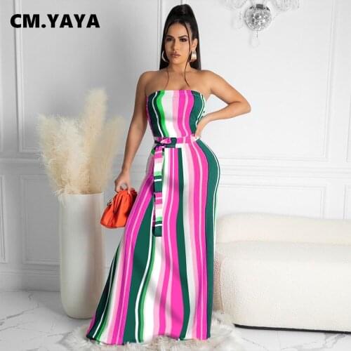 CM.YAYA Women Long Dress Multicolor Striped Sleeveless Strapless Bandage Sashes Loose Maxi Dresses Fashion Streetwear Summer