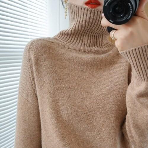 Autumn winter new high-neck cashmere sweater women thick loose wool sweater all-match sweater pure color knitted bottoming shirt