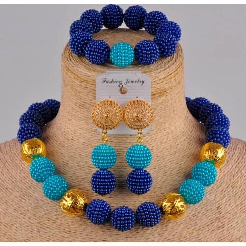 Swell royal blue and lake blue nigerian wedding set african beads jewelry set FZZ09-08