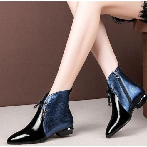 Warm Plush New Autumn Winter Boots Square Low Heels Ankle Boots for Women Shoes Woman Pointed Toe Lace up Patent Leather Boots