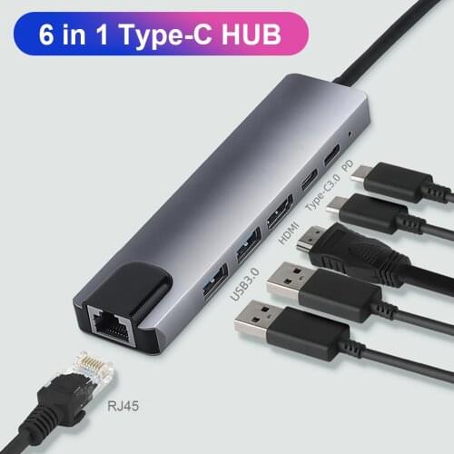 Notebook Accessories USB-C Hub Multi USB Docking HUB Converter 2 USB 3.0 HDMI-compatible Type-C PD RJ45 6 in 1 PC Adapter