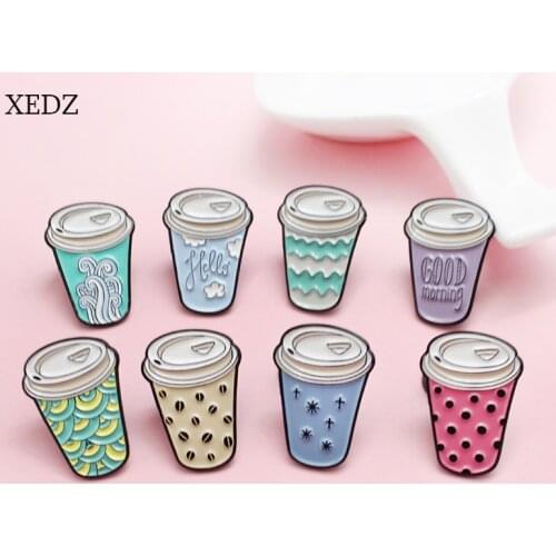 XEDZ 8 cute drinks pearl milk tea cup cartoon fun enamel pin jewelry men and women childrens denim clothes pendant gift