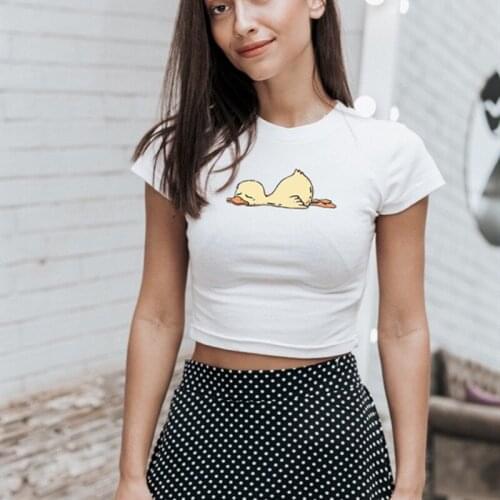 European and American womens 2021 summer new cartoon duck print short open navel slim short sleeve T-shirt crop top y2k top