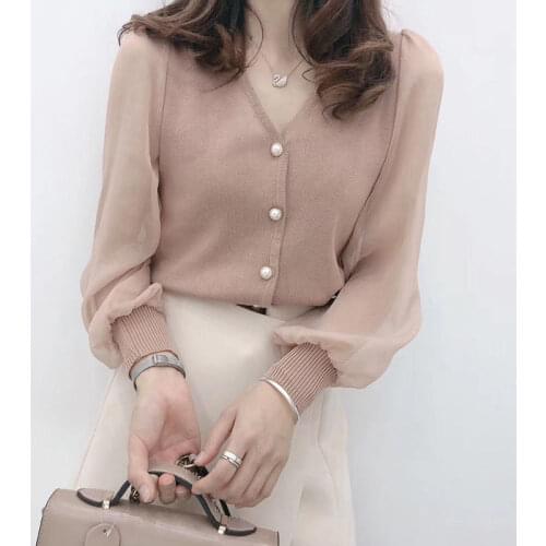 Womens Spring Autumn Chiffon Blouses Shirt Womens Knitted Button Long Sleeve Solid Color Lace Patchwork Tops