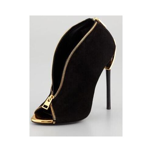 New Designer Deep Toe V Shaped Ankle Boots Black Suede Leather Gold Metal Zipper-Heel Booty Women Vamp Pumps Real Photo
