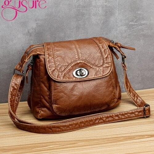 Gusure Vintage Soft Women Shoulder Bags Small Lock Flap Design Female Crossbody Messenger Bags Washed PU Leather Wild Purse