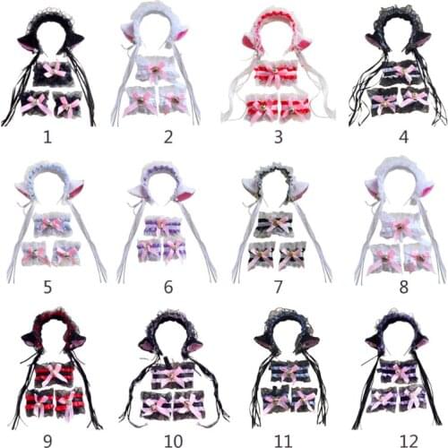 Female Girls Anime Lolita Cosplay Costume Plush Cat Ears Badnana Bowknot Bell Ruffles Lace Collar Necklace Wristband