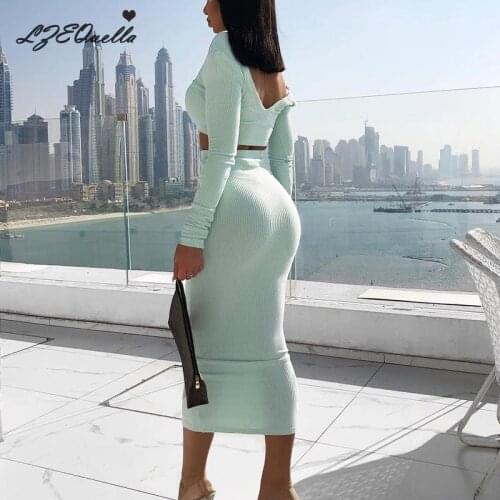 Sexy Two Piece Set V-neck Long Sleeve Crop Top Long Skirt Set Party Clothing Sets Outfit Women Two Piece Outfits 2021