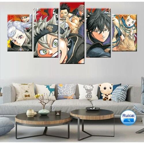 Animated black clover canvas painting poster wall artist decoration children room mural modular HD print 5 panel