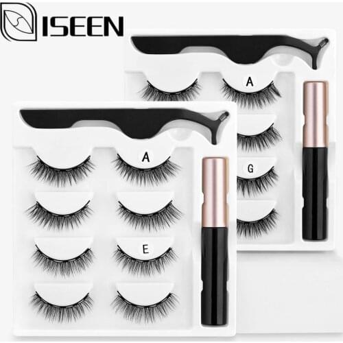 ISEEN 4 Pairs Natural Magnetic Eyelashes Eyeliner 3D Mink Magnet Fake Eyelash Magnetic Eyeliner&Tweezer Set Makeup 10-15mm
