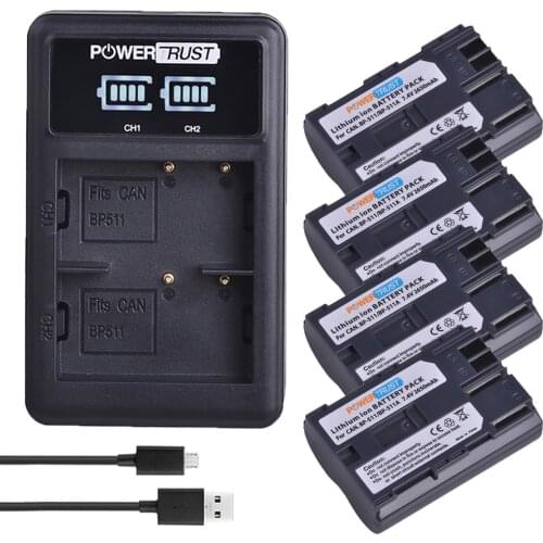 4Pcs 2650mAh BP-511 BP 511 BP511 BP511A Camera Battery + LED Dual USB Charger for Canon EOS 40D 300D 5D 20D 30D 50D