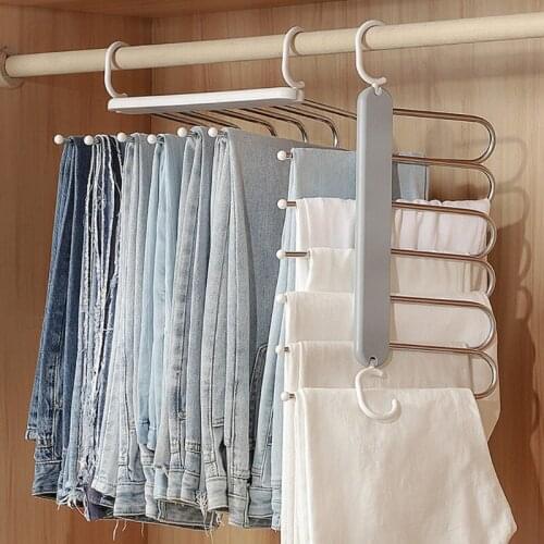 6 Layers Non-Slip Space Saving Pants Hanger Stainless Steel Storage Drying Racks Clothes Organizer with Double Hook