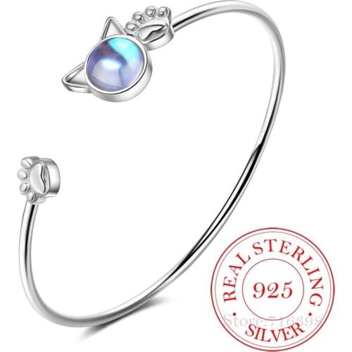 925 Sterling Silver Moonstone Cat Ear Bangle Bracelet Pet Paw Footprint Bangle Pulseiras de Prata For Women Party Jewelry