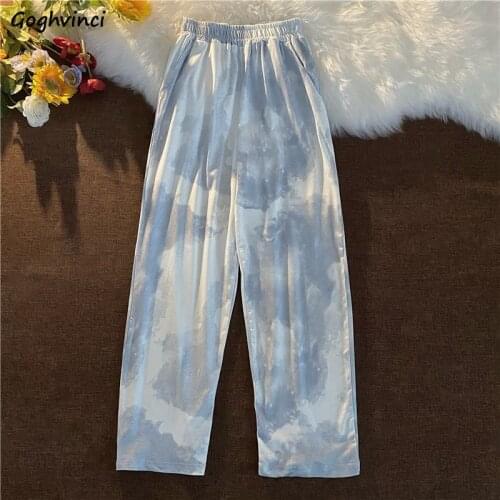 Casual Pants Women Designed Tie Dye Trendy Elastic Waist Ankle-length Straight Trousers All-match Streetwear Summer Korean Style
