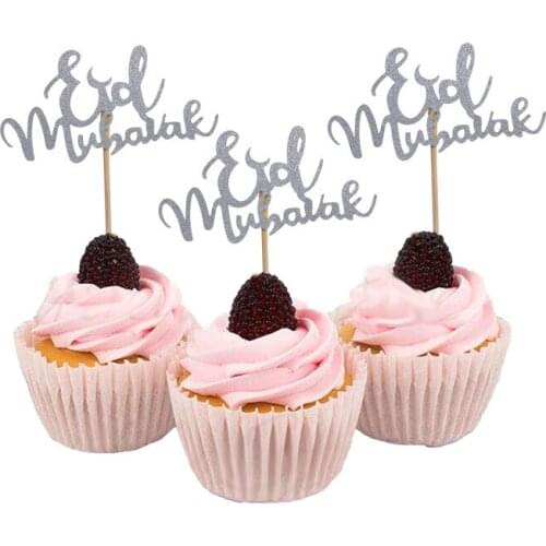 Chicinlife 10Pcs Gold Eid Mubarak Cake Cupcake Toppers Ramadan Decoration EID Festival Party Islam Muslim Cake Baking Supplies