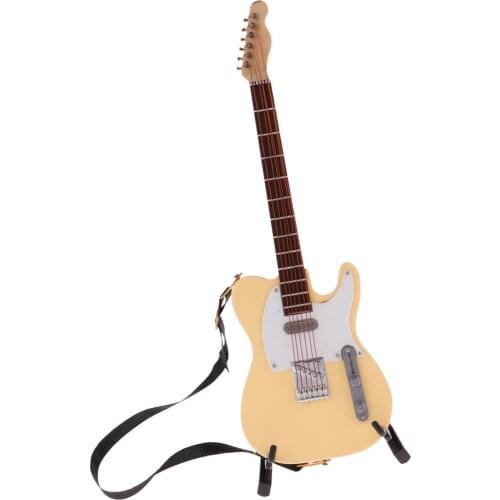 Handmade Mini Wooden Bass Guitar Model with Stand for 1/6 Action Figures Xmas Gifts Toys Accessories Beige