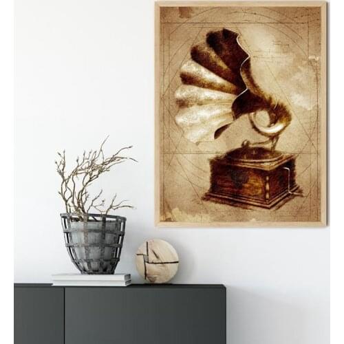 Gramophone Vintage Prints Antique Gramophone Industrial Wall Art Canvas Painting Steampunk Poster Musician Gift Wall Decor
