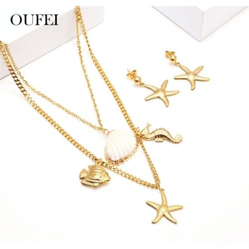 OUFEI Stainless Steel Jewelry Sets Starfish Shell Multi Layer Necklace Earrings Set Fashion Jewellery Free Shipping