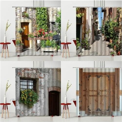 Landscape Beautiful Street Flowers Shower Curtain Vintage Wooden Door Stone Brick Wall Kitchen Curtain Bathtub Decoration
