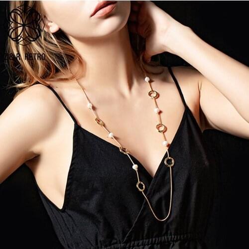 Trend Long Chains Collar Necklace with White Beads Vintage Costume Jewelry Neck Choker Pendants for Women Suspension Accessories