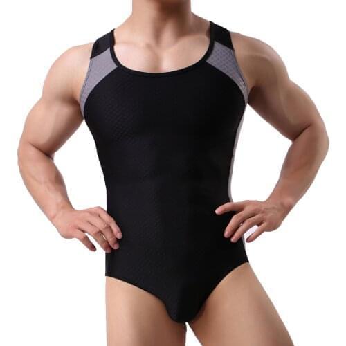 Men Sleeveless Color-blocking Tank Bodycon Jumpsuit Gym Sports Fitness Lingerie Bodysuit Summer One-piece Swimwear Beachwear