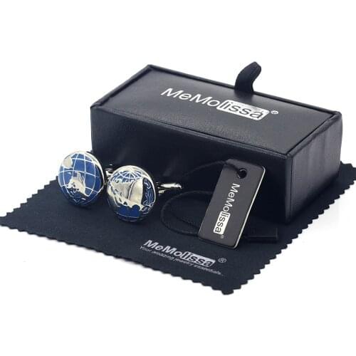 MeMolissa Display Box Cufflinks Earth Cufflinks Western Hemisphere Pattern Mens Cufflinks Silver with Blue Free Tag & Wipe Cloth