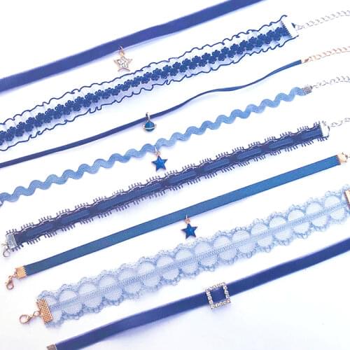 Choker Necklace For Women Elegant Blue Lace Velvet Stretch Strip Flower Planet Star Pendant Mermaid Tail Short Clavicle Necklace