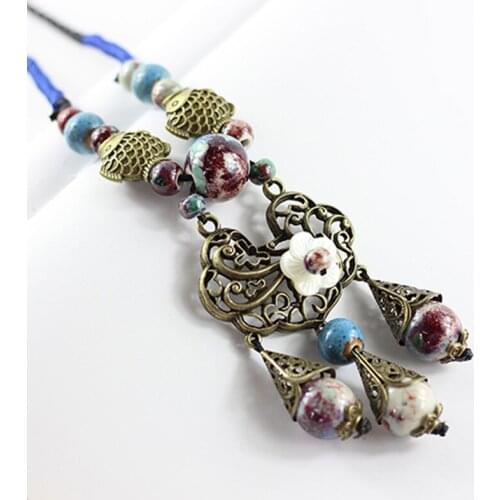 Double Fish Charm Necklace Waterdrop Pendants Statement Choker Ceramic Beaded Flower Chains Long Tassel Sweater Ethnic Jewelry