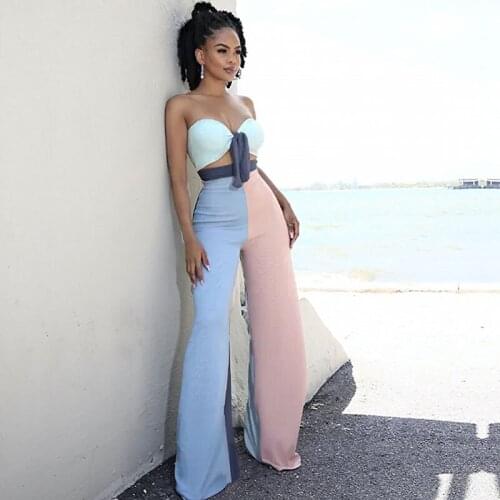 Sexy Patchwork Two Piece Set Summer Clothes for Women Bow Tie Up Strapless Crop Top Bell Bottom Flare Pants 2 Piece Club Outfits