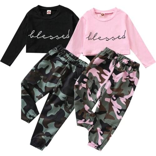 Girls Casual Two-piece Clothes Set Round Collar Pullover and Camouflage Printed Pattern Pants Black/ Pink
