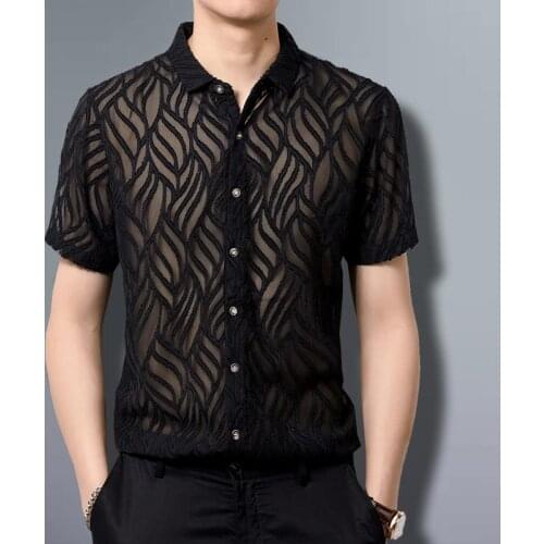 Transparent Shirts For Mens See Through Shirts Mesh Black Large Size Mens Lace Shirts Plus Size Sexy Striped Dress Mens Club