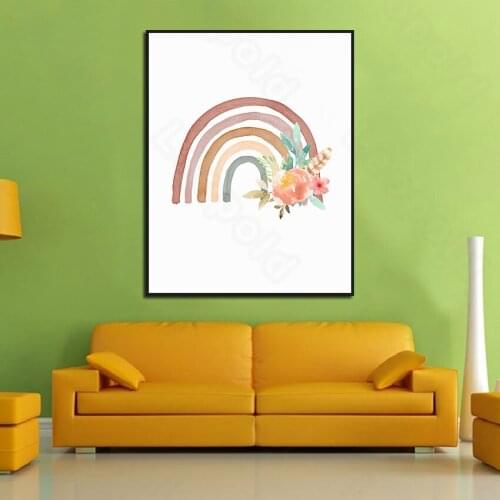 Modern Artistic Style Murals Simple Line Rainbow and Flower Poster Residential Bedroom Decor Living Room Canvas Paint