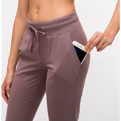 Naked-feel Fabric Workout Sport Joggers Pants Women Waist Drawstring Fitness Running Sweatpants with Two Side Pocket