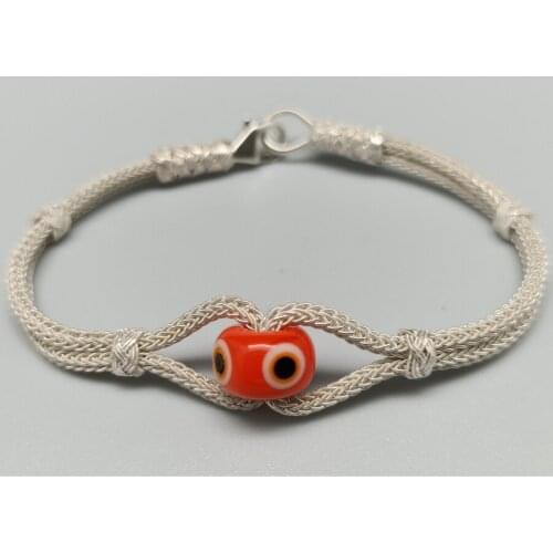 Trabzon Kazaz Wristband (Bracelet) double chain hand-knitted 1000 sterling silver with Orange Evil Eye bead Gift for Best Friend