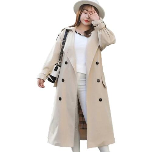 Large Size Trench Coat Women 2019 Spring Autumn Solid color Long sleeve Windbreaker Female Belt Slim Plus size Long Trench Coat